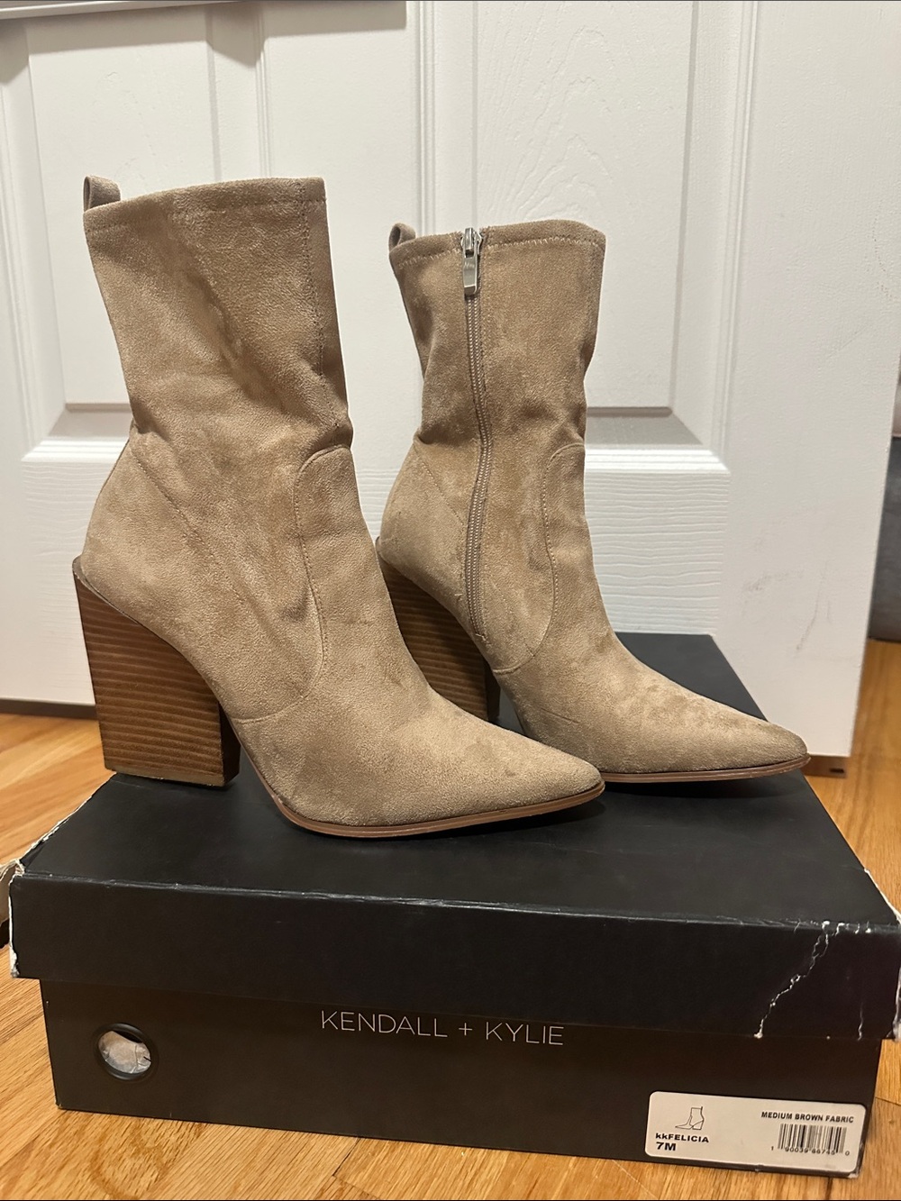 Kendall & Kylie Taupe Suede Pointed-Toe Block Heel Ankle Boots